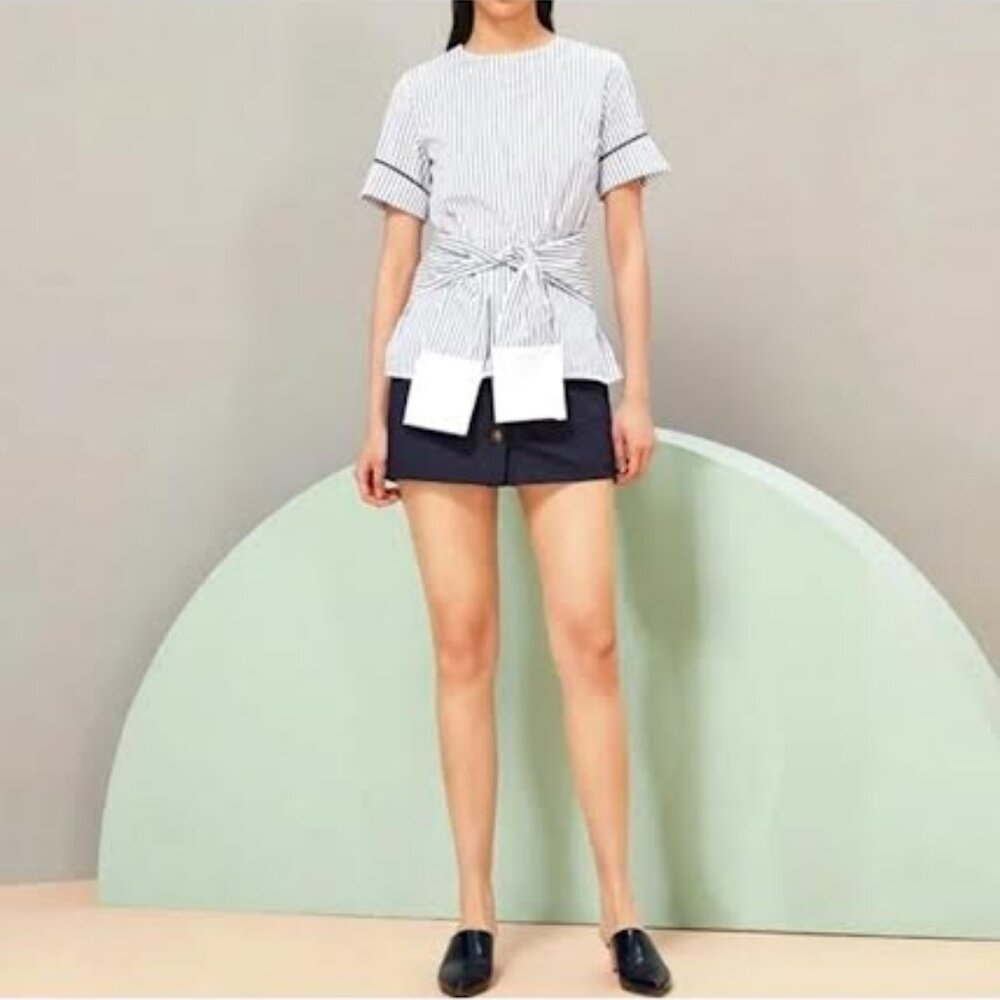 Victoria Beckham  Tie Front Pinstripe Cotton Shirt Quiet Luxury